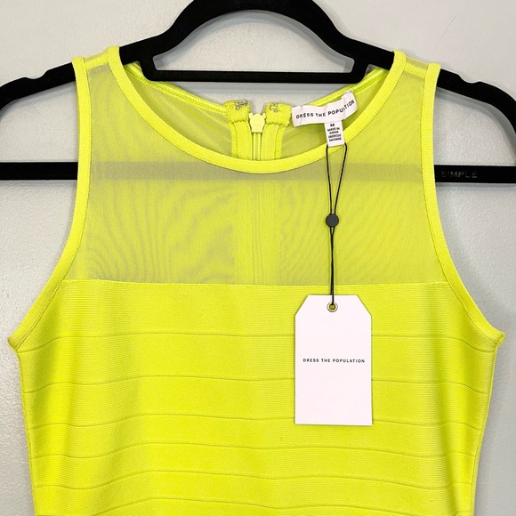 Dress the Population Yellow Chartreuse Mesh Bodycon Mini Aitana Dress Medium NWT - Picture 6 of 9